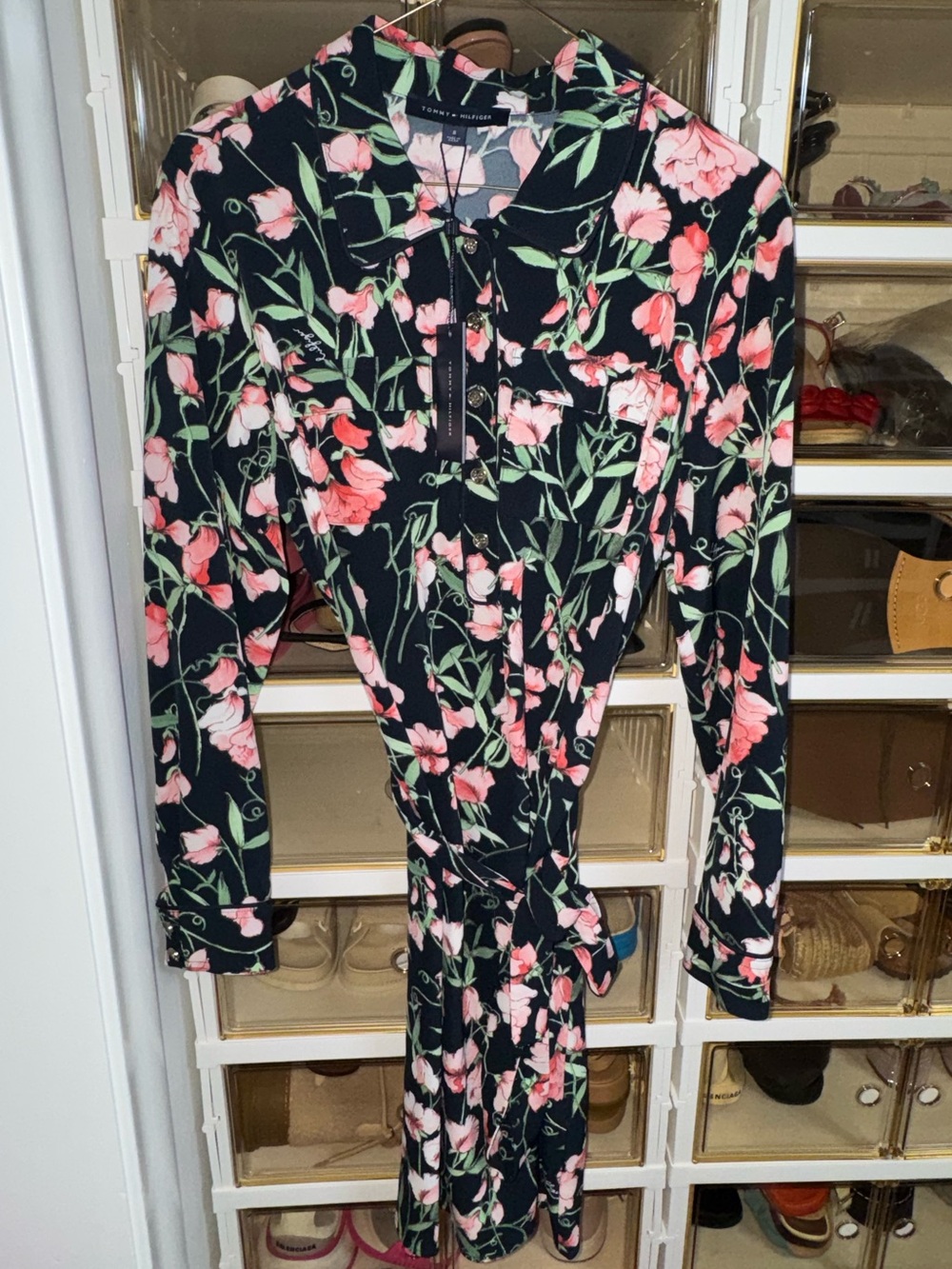 Tommy Hilfiger Black Floral Long-Sleeve Tie-Waist Dress
